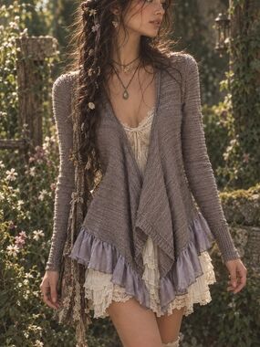 Press Open Front Ruffle Knit Cardigan Taupe Small Boho Fairycore Whimsigoth